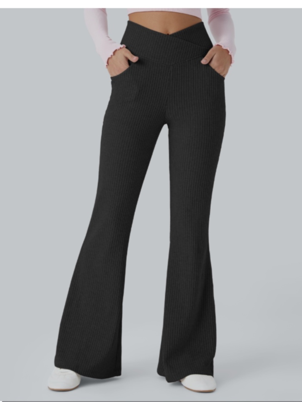 HALARA Black Ribbed Flare Knit Pants Crossover Waistband Size Medium